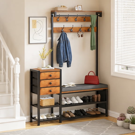 Coat Rack, Hall Tree with Bench and Shoe Storage, 7-in-1 Entryway Bench with Soft Cushion, Storage Bag, 3 Fabric Drawers, Rustic Brown