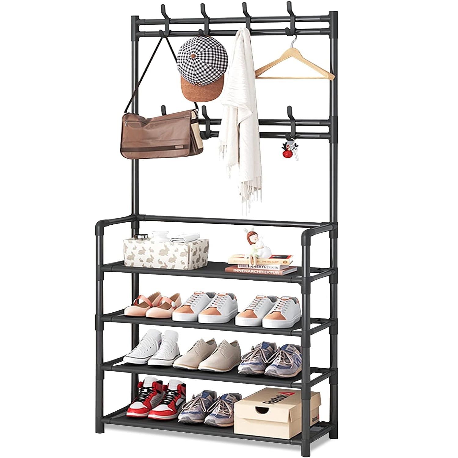 Black Hall Tree with Bench & 4-Tier Shoe Rack, 8 Hooks - Walmart.com