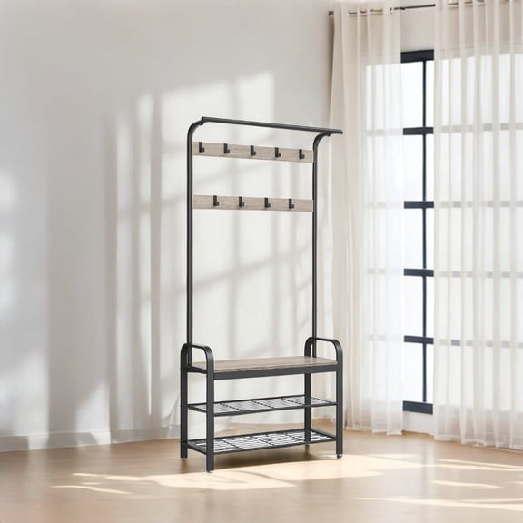 Coat Rack, Hall Tree with Shoe Bench , Entryway Bench with Coat Rack, 4-in-1, with 9 Removable Hooks, a Hanging Rod, 13.3 x 33.1 x 72.1 Inches