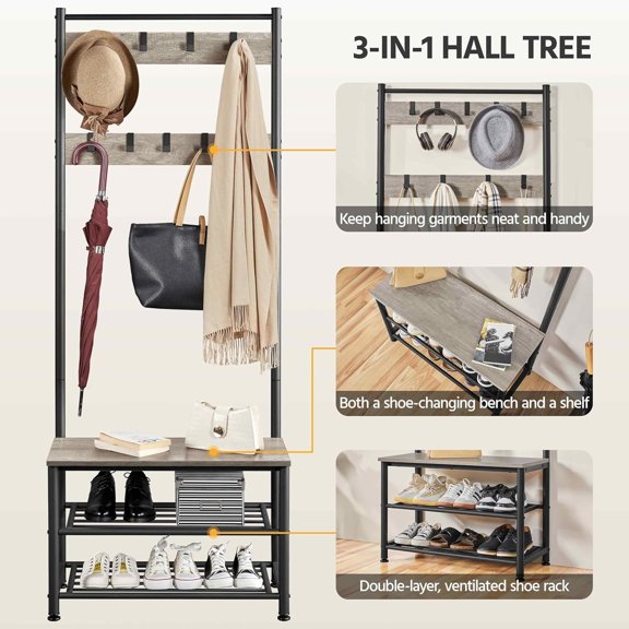 Coat Rack, Hall Tree with Shoe Bench, Entryway Shoe Storage with Coat Rack Stand, 9 Movable Hooks, Industrial Entryway Furniture, Gray