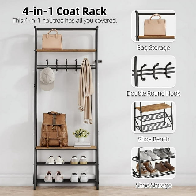 Coat Rack, Hall Tree with Shoe Bench for Entryway, 4-in-1, 5 Hooks ...