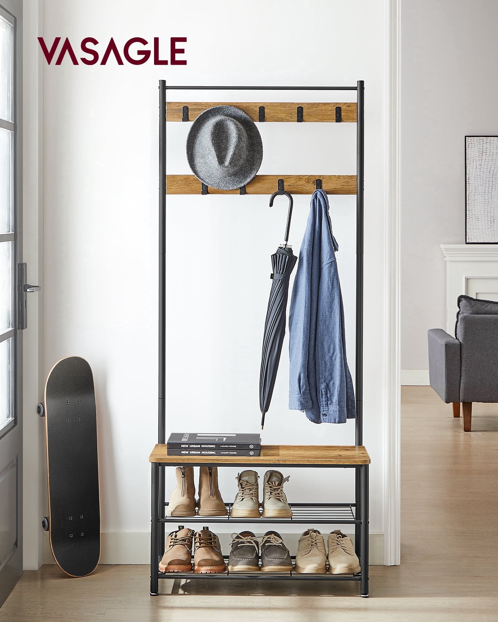 VASAGLE Coat Rack, Hall Tree with Shoe Storage Bench, Entryway Bench ...