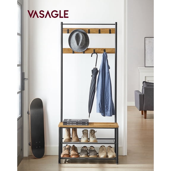 VASAGLE Coat Rack, Hall Tree with Shoe Storage Bench, Entryway Bench with Shoe Storage, 3-in-1, Steel Frame, for Entryway, 12.6 x 27.6 x 68.9 Inches, Industrial, Rustic Walnut and Black