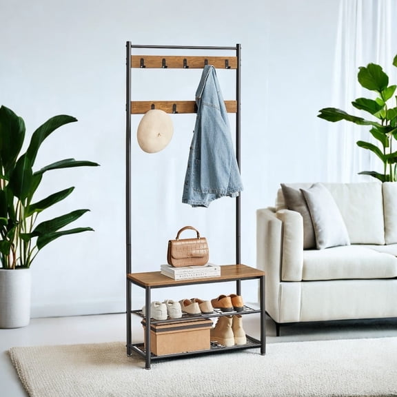 Coat Rack Hall Tree with Shoe Storage Bench, Rustic Walnut/Black