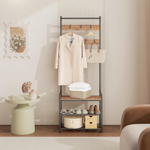 Coat Rack Hall Tree with Shoe Storage, Entryway Hall Tree Storage Bench, Wood Look Accent Furniture with Metal Frame, 3-in-1 Design, Rustic Brown