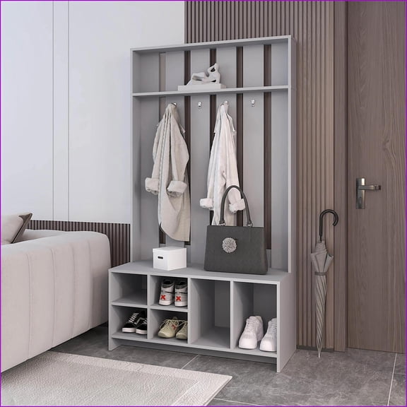 Coat Rack Hall Tree with Storage Bench & Shoe Space, Modern Smoke Finish | Smoke | Particle Board