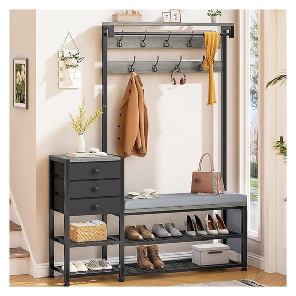 Coat Rack, Hall Tree with and Shoe Storage, 7-in-1 Entryway with Soft Cushion, Storage Bag, 3 Fabric Drawers(Grey)