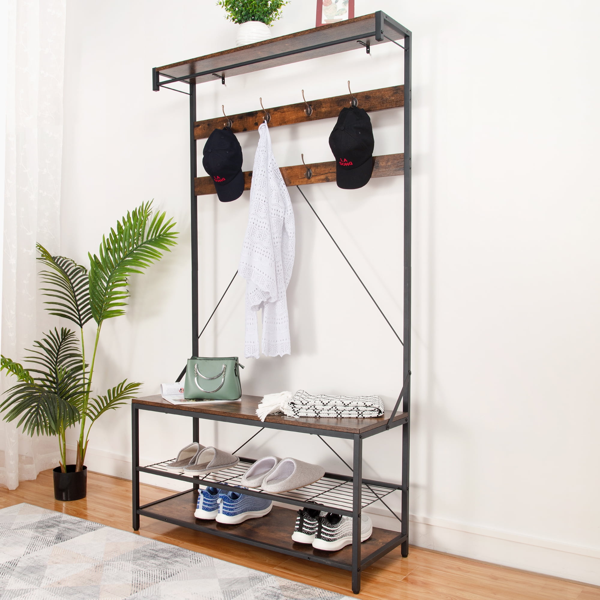 Coat Rack, Hall tree, Shoe Bench, 5-in-1 Shoe Rack for Entryway, 3 storage  shelves, 8 Hooks Removable,Industrial Accent Furniture with Steel Frame,  Multifunctional Hallway Organizer