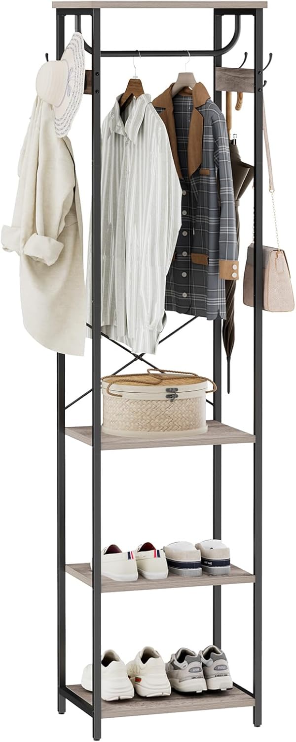 Coat Rack With Hanging Rod, Garment Rack With 3 Wooden Shelves and 4 ...