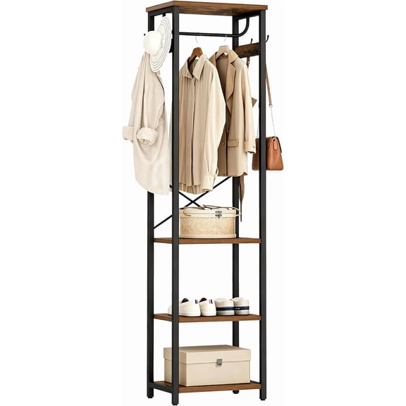 Coat Rack with Hanging Rod, Garment Rack with 3 Wooden Shelves and 4 Hooks, Freestanding Hall Tree, Industrial Clothes Rack Stand Organizer, Rustic Brown and Black