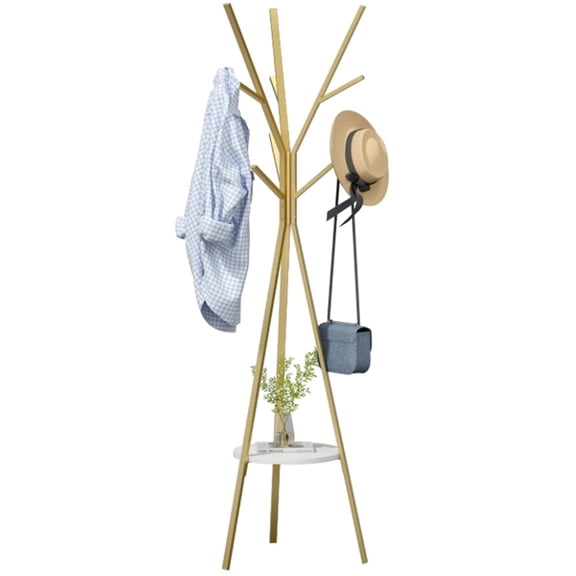 Coat Rack Hat Stand Free Standing Display Hall Tree Metal Hat Hanger Garment Storage Holder with 9 Hooks for Clothes Hats and Scarves in Gold,17.72"Wx17.72"Dx70.87"