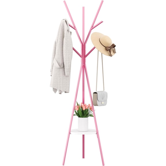 Coat Rack Hat Stand Free Standing Display Hall Tree Metal Hat Hanger Garment Storage Holder with 9 Hooks for Clothes Hats and Scarves (Pink)