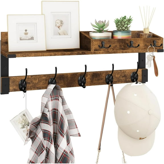 Coat Rack with Hooks, Wall Mount with Key and Mail Holder, 26 Inch Long Coat Hanger - Wood Entryway Shelf for Hanging Hat, Jacket, Backpack, Purse - Rustic Brown