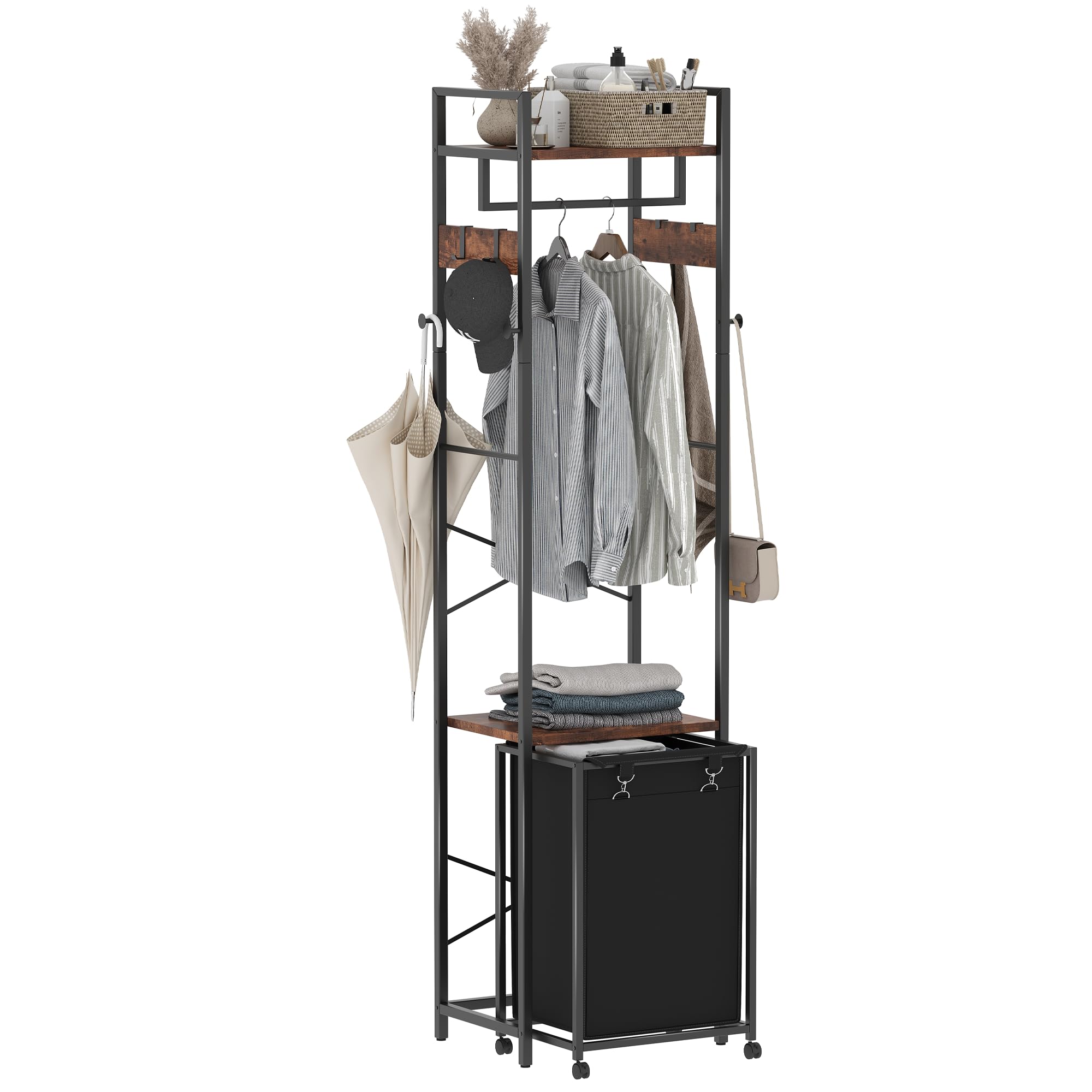 Coat Rack with Laundry Basket, Laundry Hamper Freestanding Hall Tree ...