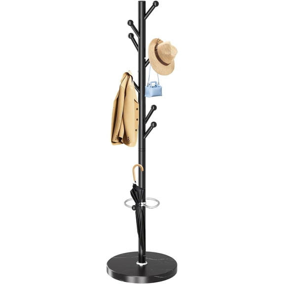Coat Rack with Natural Marble Base, Metal Coat Racks Freestanding, Modern Coat Rack Stand with 8 Hooks& Umbrella Holder, Black Coat Clothes Tree Hats Hanger Stand for Entryway, Hallway