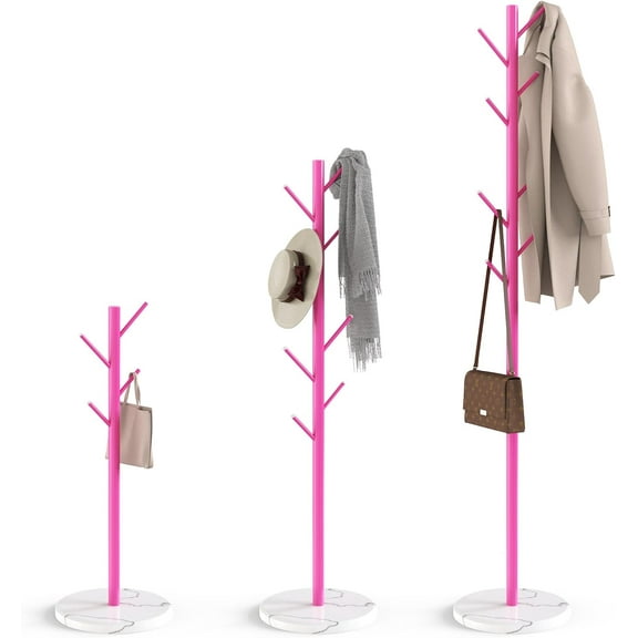 Coat Rack with Natural Marble Base, Metal Freestanding Coat Rack with 8 Hooks, 3 Adjustable Size Sturdy Coat Tree for Bags, Coats, and Hats for Entryway, Hallway, Bedroom, Office, Pink