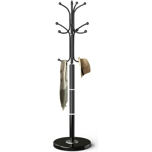 Coat Rack with Natural Marble Base, Metal Modern Coat Racks Freestanding, Coat Rack Stand with 12 Hooks, Coat Tree Hats Hanger Stand for Entryway, Hallway (12 Hooks-Black)