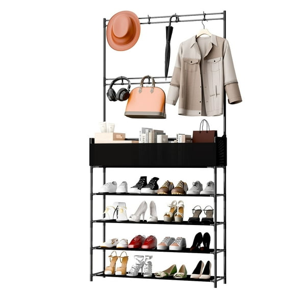 Coat Rack, SXhyf Coat Rack with Shoe Storage, 5 Tier Shoe Rack Entryway Hall tree, Sturdy Coat Rack with 8 Hooks and Storage Bag for Front Door Entrance Bedroom Kitchen, Black