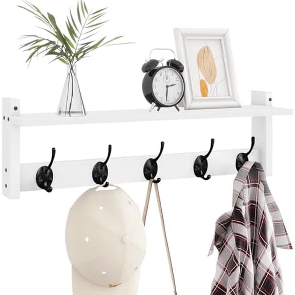 Coat Rack with Shelf Wall Mount, 24 Inch Long Wall Shelf with Hooks Underneath, Wood Hanging Coat Hanger with Hat Shelves for Entryway, Bathroom, Mudroom, White