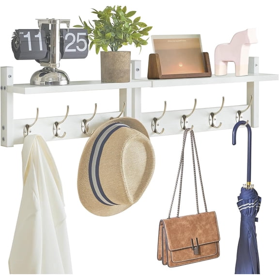 Coat Rack Shelf Wall Mounted, Coat Hooks Set of 2, Entryway Coat Hanger with 4 Double Hooks, 31.5" Wall Floating Shelf with Hat Rack, for Kitchen, Bedroom, Bathroom, White UHWS001W-2