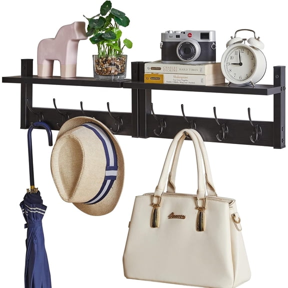 Coat Rack Shelf Wall Mounted, Coat Hooks Set of 2, Entryway Coat Hanger with 8 Hooks, 31.5" Wall Floating Shelf with Hat Rack, for Kitchen, Bedroom, Bathroom, Black UHWS001B-2