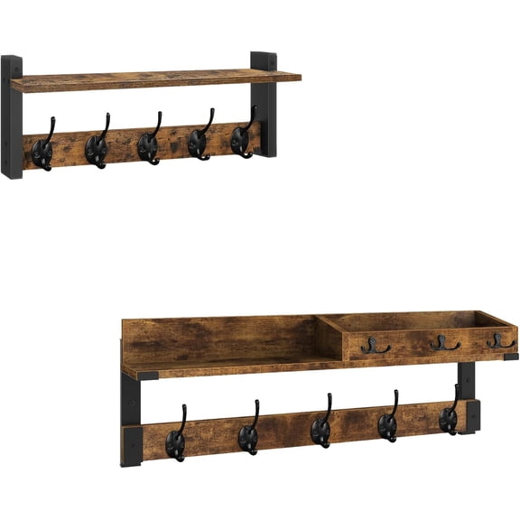 Coat Rack with Shelf, Wall Shelf with Hooks, 26 Inch Long Coat Hanger Wall Mount with Key and Mail Holder, Wood Entryway Shelf for Hanging Hat Jacket Backpack Purse