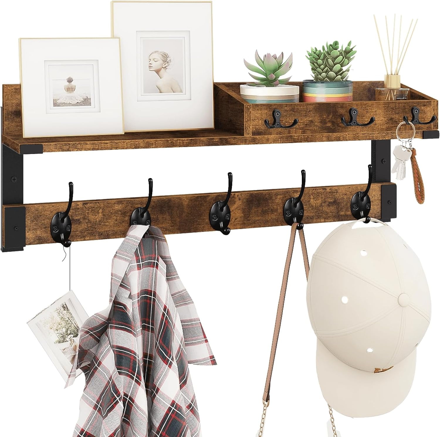 Coat Rack with Shelf, Wall Shelf with Hooks, 26 Inch Long Coat Hanger ...
