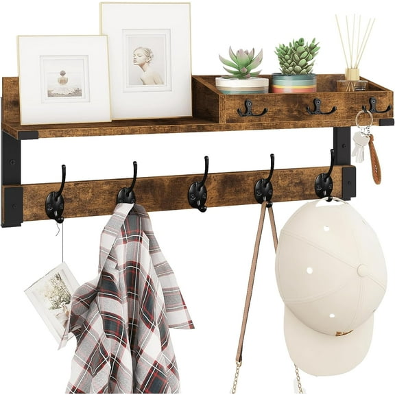 Coat Rack with Shelf, Wall Shelf with Hooks, 26 Inch Long Coat Hanger Wall Mount with Key and Mail Holder, Wood Entryway Shelves for Hanging Hat Jacket Backpack Purse, Rustic Brown Black
