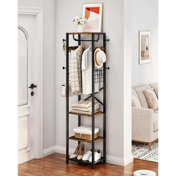 Coat Rack with Shelves, Freestanding Hall Tree, Coat Tree with 16 Hooks and Hanging Rail, Industrial Clothes Stand for Entryway, Hallway, Bedroom, Rustic Brown and Black TYM18BF