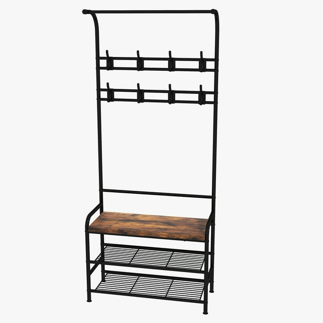 Coat Rack Shoe Bench, 3 in 1 Shoe Rack with 3 Tier Storage Shelf & Removable Hooks