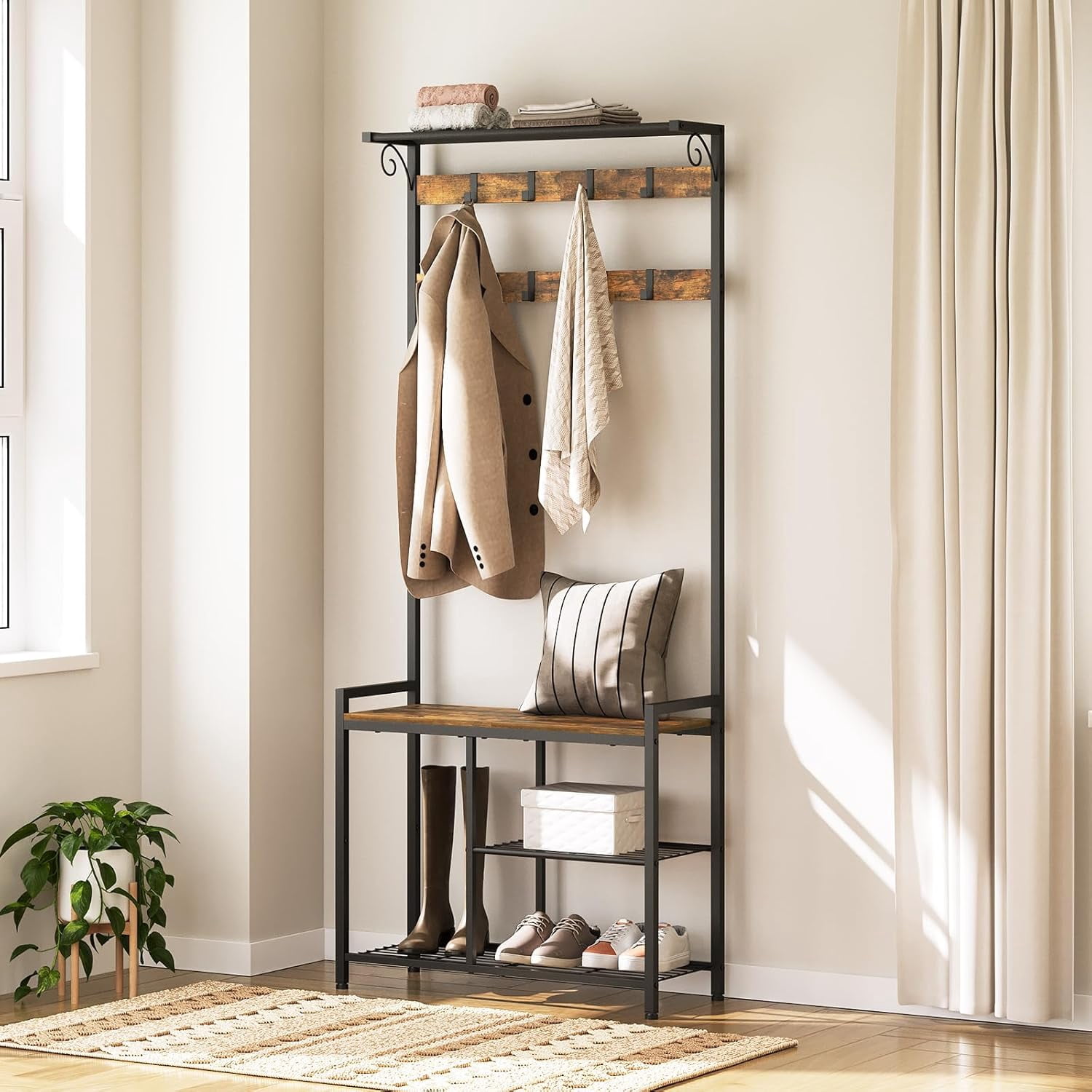 Coat Rack Shoe Bench, 4-in-1 Hall Tree with Storage Shelves and Hanging ...