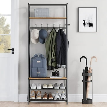 Coat Rack Shoe Bench, 4-in-1 Hall Tree with Storage Shelf, Shoe Rack, Hanging Hooks & Bench, Industrial Rustic Brown & Black