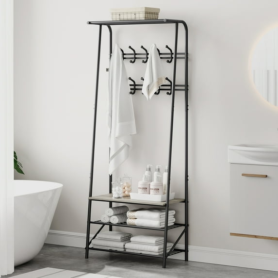 Coat Rack Shoe Bench, 4-in-1 Hall Trees Entryway Bench with Coat Rack and Shoe Rack, Wood Look Accent Furniture with Steel Frame Storage Shelf and Hanging Bar, Industrial, Rustic Brown & Black