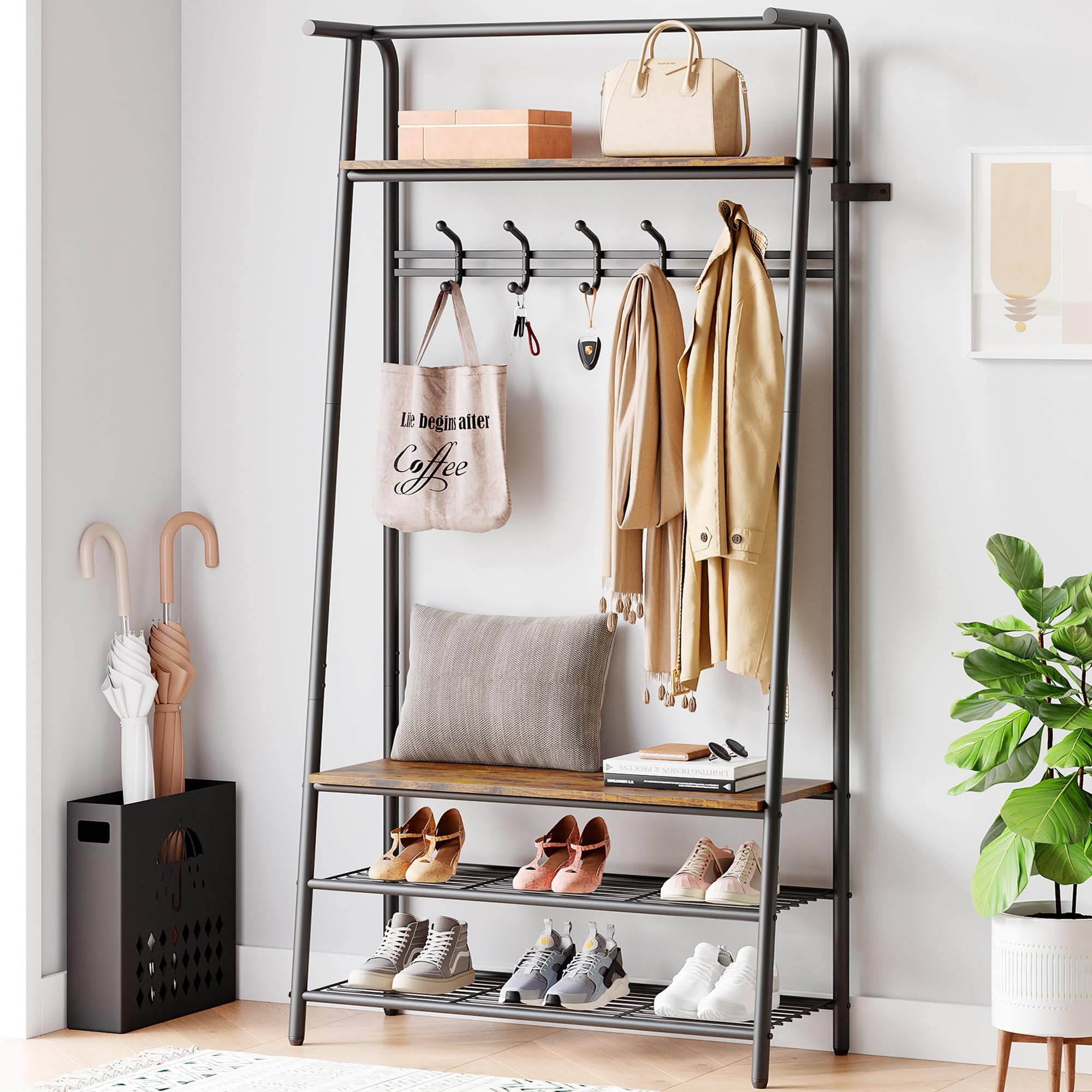 Coat Rack Shoe Bench 4 in 1 Hall Trees Entryway Bench with Coat Rack and Shoe Rack Wood Look Accent Furniture with Steel Frame Storage Shelf and Hanging Bar Industrial Rustic Brown Black