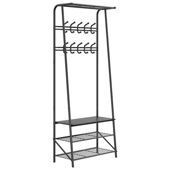 Coat Rack Shoe Bench with 5 Hooks – 4-Tier Shelf Entryway Hall Tree with Storage – Metal Frame Hallway Organizer – 4-in-1 Wood Look Accent Furniture for Bathroom, Hallway