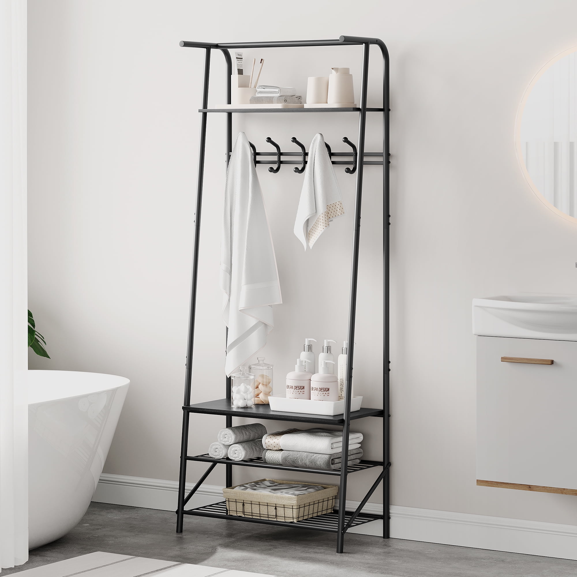 Coat Rack Shoe Bench with 5 Hooks, Hall Trees Entryway Bench with ...