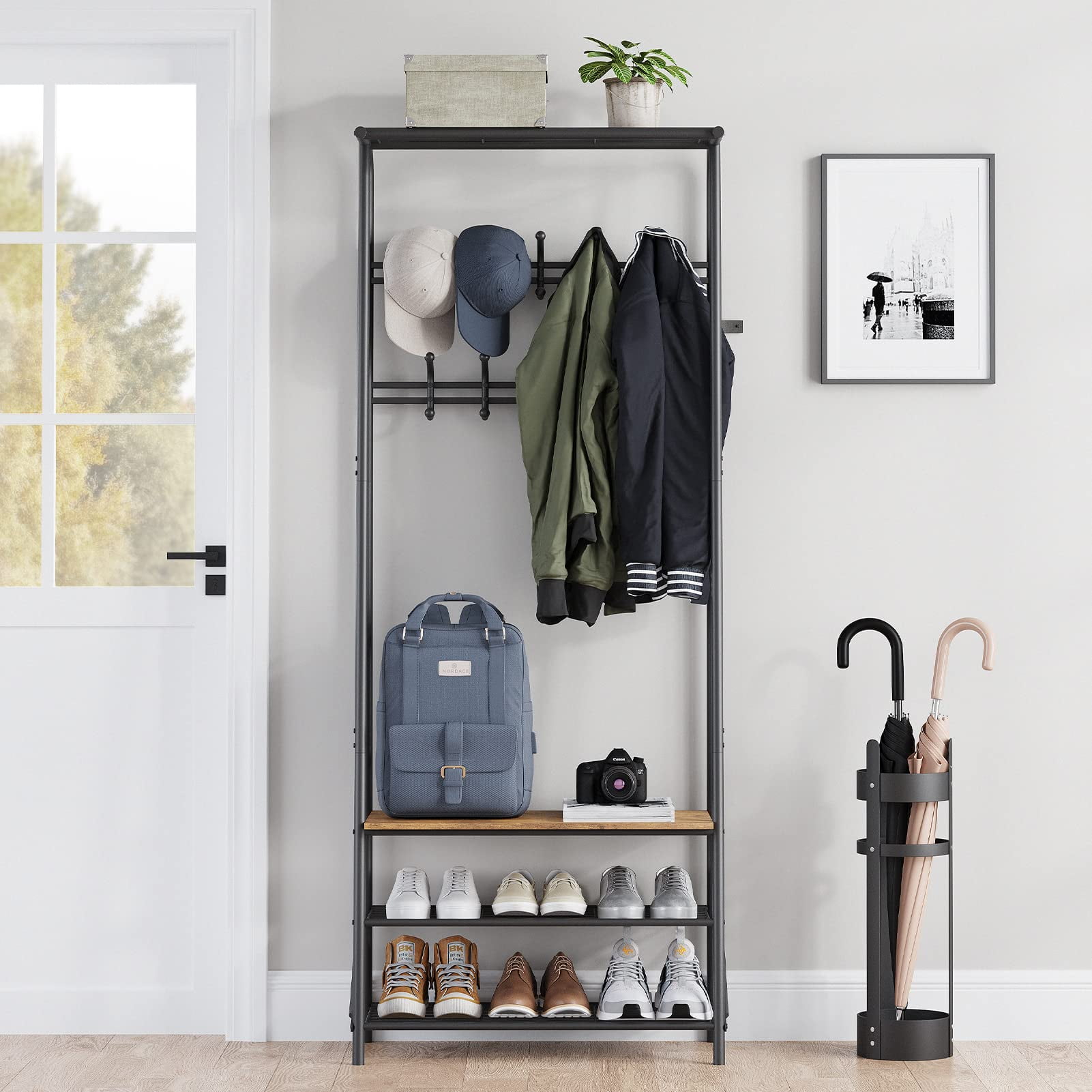 Coat Rack Shoe Bench with 5 Hooks, Hall Trees Entryway Bench with ...