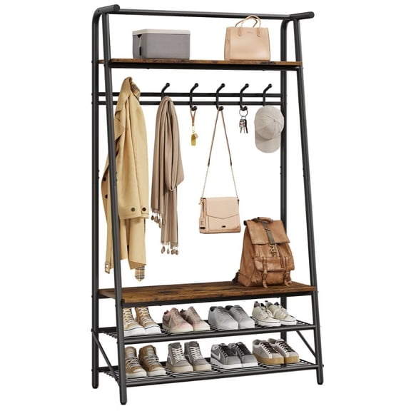 Coat Rack Shoe Bench with 6 Hooks, Entryway Hall Trees with Storage, 4-in-1 Hall Trees Shoe Bench with Metal Frame for Entryway, Living Room, Bedroom, Brown