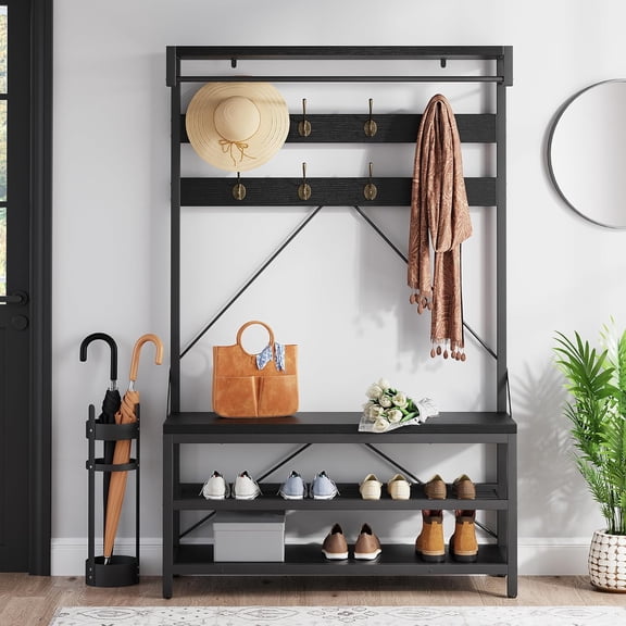 Coat Rack Shoe Bench, 72" Tall Hall Tree with Hooks, Storage Shelves, Metal Frame, Black