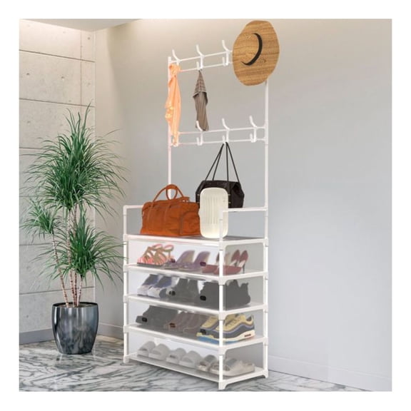 Coat Rack Shoe Bench Entryway Organizer - 5 Tier Hall Tree with 8 Hooks - Freestanding Shoe Storage - White Dustproof Entryway Furniture