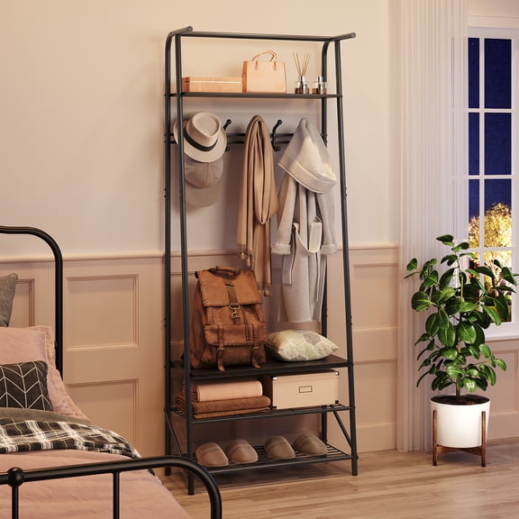 Coat Rack Shoe Bench with Hooks, 4-In-1 Entryway Hall Tree with Storage, Metal Frame Hallway Organizer, Wood Look Accent Furniture for Entryway Living Room Bedroom