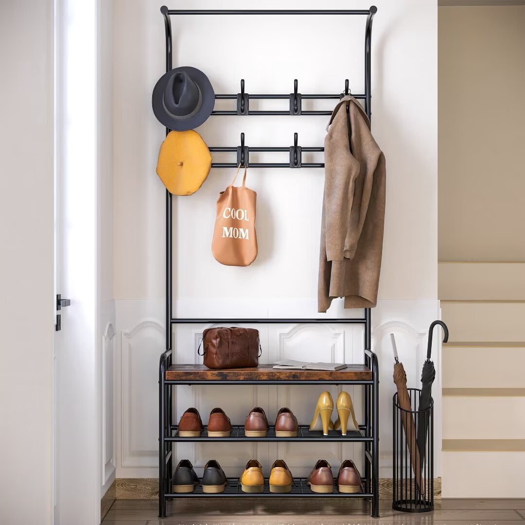 Coat Rack Shoe Bench, Multifunctional 3-in-1 Iron Rack with Shoe Rack ...