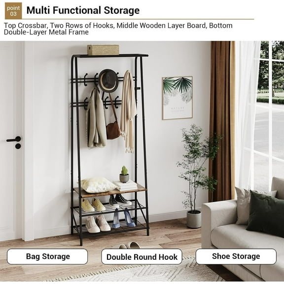 Coat Rack Shoe Bench Organizer with 5/10 Hooks, 4 in 1 Entry Hallway Coat Rack with Storage Function, Metal Frame Hallway Organizer, Wood Look Decorative Furniture for Living Room Bedroom Clothes Sto