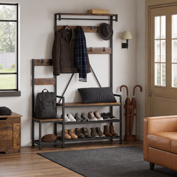 Coat Rack Shoe Bench Parent-Child Hall Tree with Bench and Shoe Storage, Metal Frame Industrial Coat Tree, Entryway Large Organizer with Shoe Rack, Storage Cubbies, Hooks, and Top Shelf