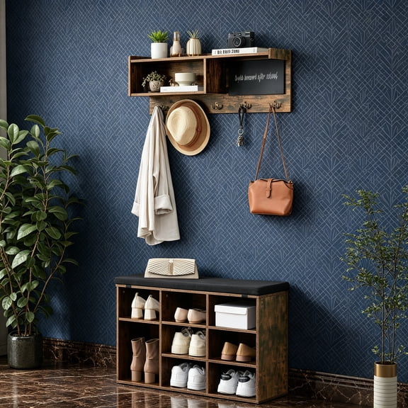 Coat Rack Shoe Bench Set, 31.5" Industrial Entrance Organizer, Wall Mount Hall Tree with Bench, 5 Hooks, Storage Cubbies and Small Blackboard for Hallway, Rustic Brown