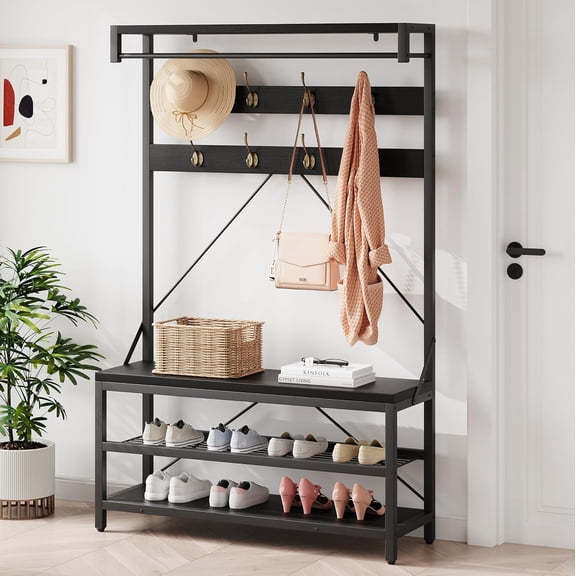 Coat Rack Shoe Bench for Entryway Hall Tree Shoe Rack Large 3-Tier Storage Shelf and Hooks Removable Industrial Accent Furniture Metal Frame