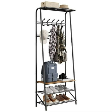 Coat Rack Shoe Bench with 10 Hooks, Hall Trees Entryway Bench with Storage and Metal Frame for Entryway, Living Room, Bedroom, Brown