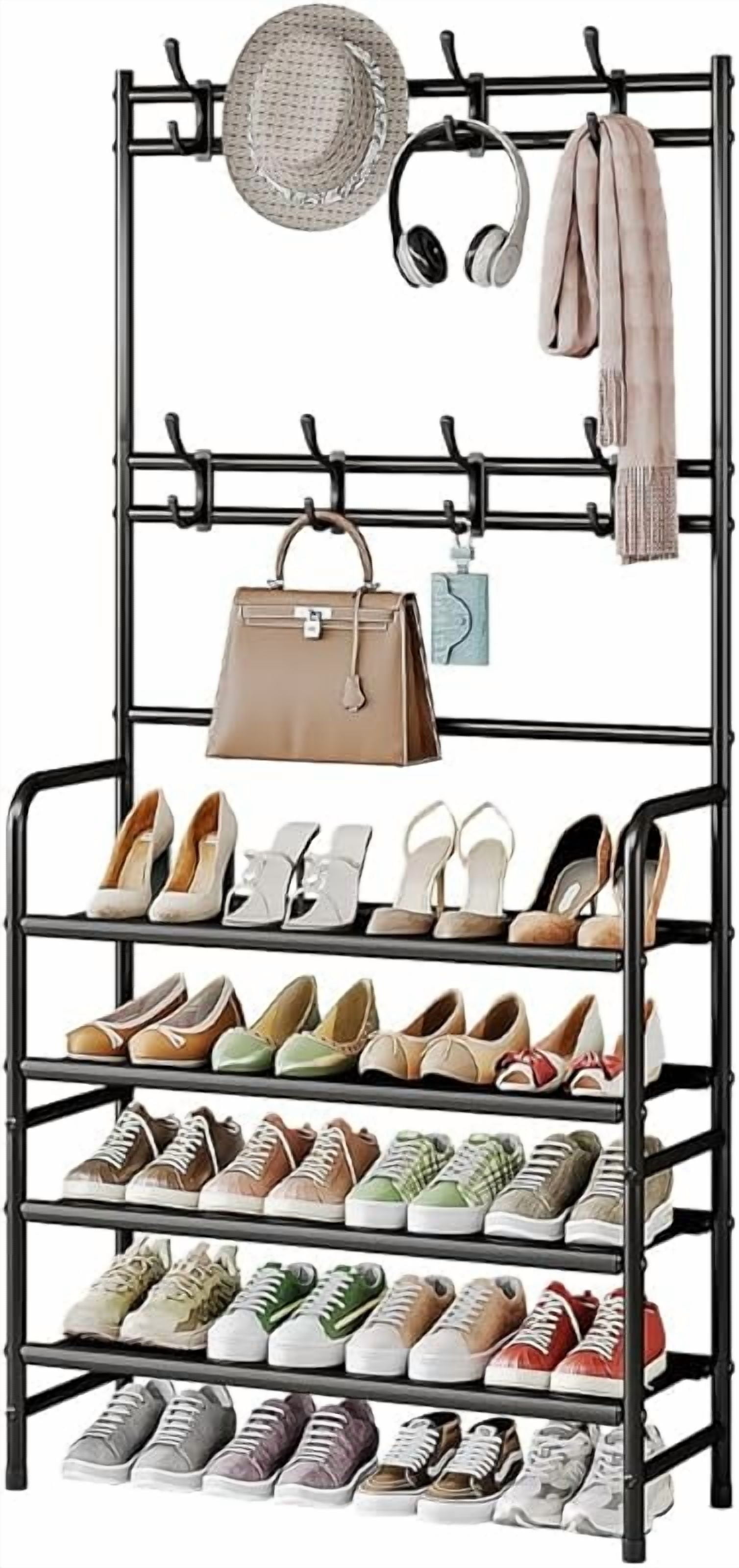 SEAMIKA Coat Rack Shoe Rack With Storage Shelf Freestanding with 8 Hooks for Entryway Bedroom Closet 4 Tier, Black