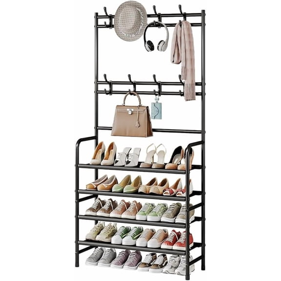 SEAMIKA Coat Rack Shoe Rack With Storage Shelf Freestanding with 8 Hooks for Entryway Bedroom Closet 4 Tier, Black