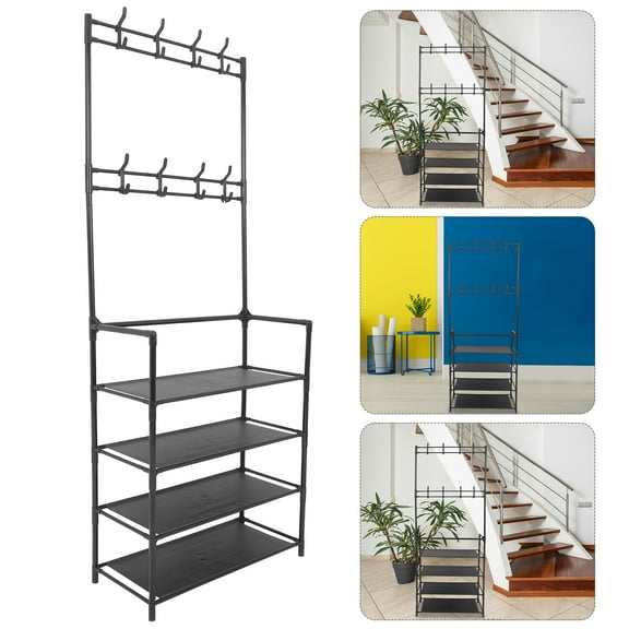 Amosfun Black Metal Shoe Rack with Coat Hooks and Slipper Shelf, Multi-Tier Entryway Storage Organizer for Shoes and Accessories